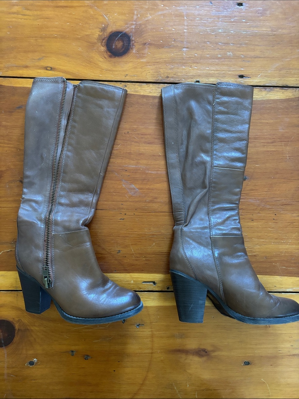 Aldo Brown Tan Leather Knee-High Block Heel Boots